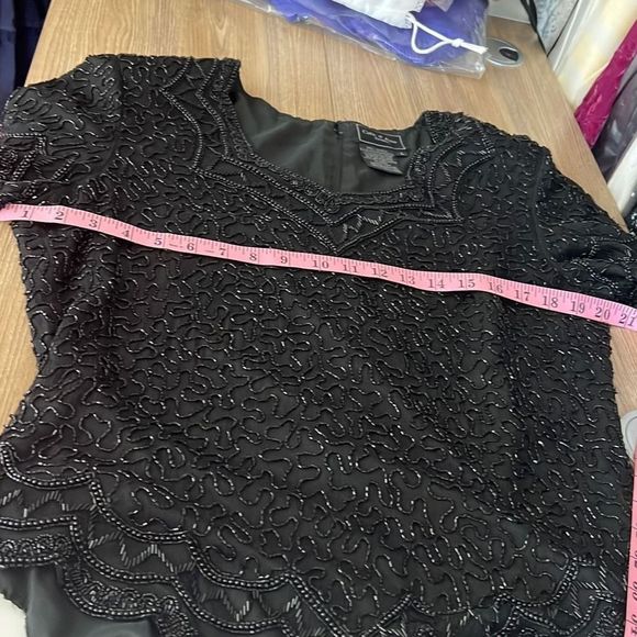 Cote d'Azur Top Evening Beaded Scallop Hem Short Sleeve Black Size Large - Picture 8 of 10